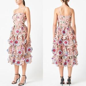 Endless Rose Velvet Embroidered Tiered Midi Dress Fairytale 3D Floral Blush Pink